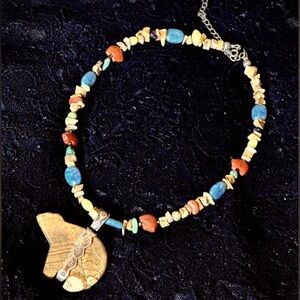 Vintage Carolyn Pollack Multi Gem Stone Bear Fetish Necklace W/ Jasper Pendant